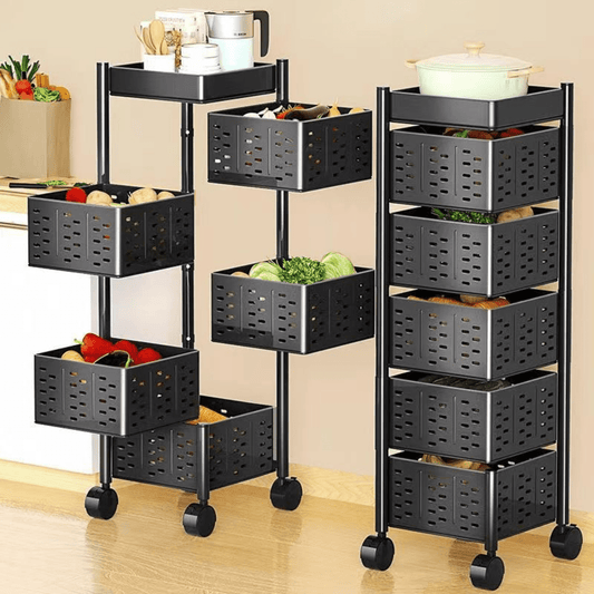 Multi-Layer Kitchen Shelf Rotating Basket Tower With Wheels